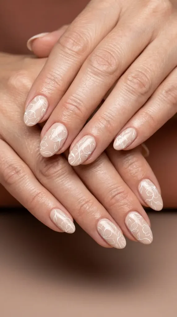 Beige Floral Outline Nails