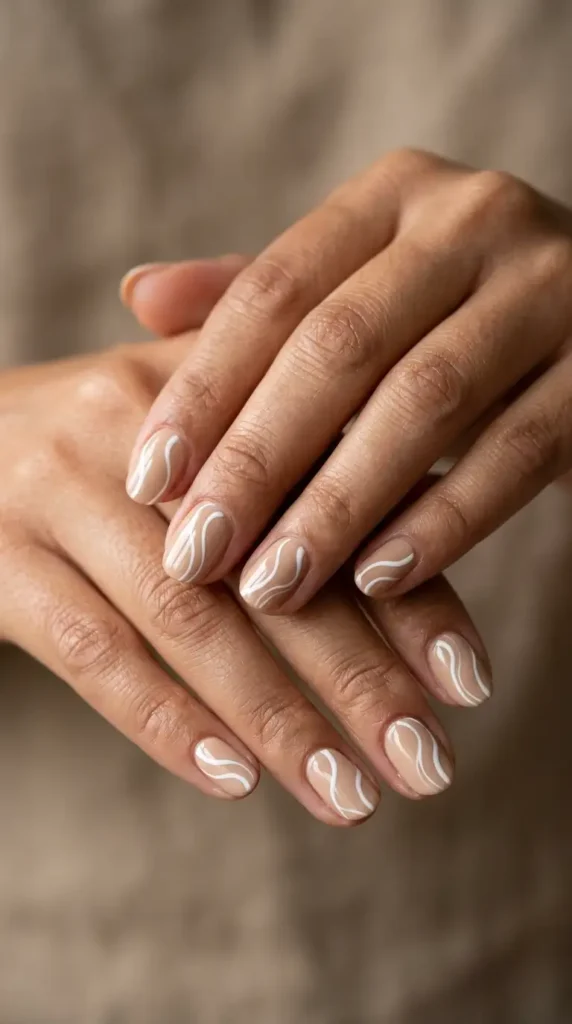 Beige & White Abstract Line Nails