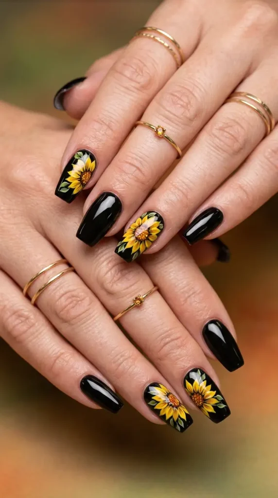 Black Acrylic Nails with Golden Sunflower Design