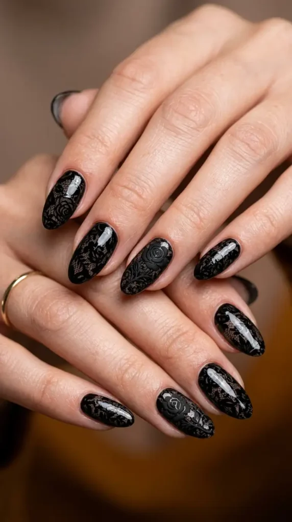 Black Floral Lace Nail Art