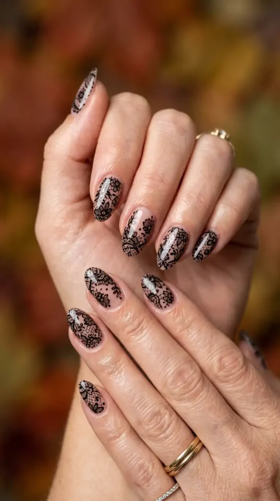 Black Floral Lace Nails for Autumn
