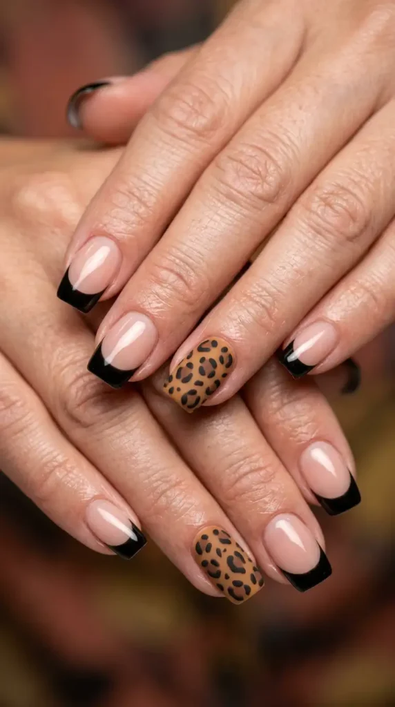 Black French Tips and Animal Print Accent Nails