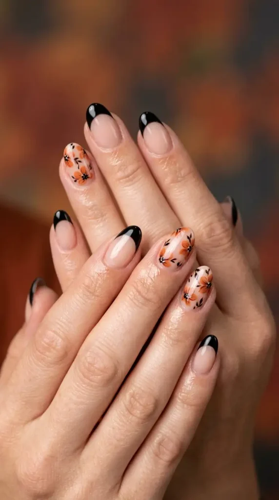 Black French Tips and Burnt Orange Florals
