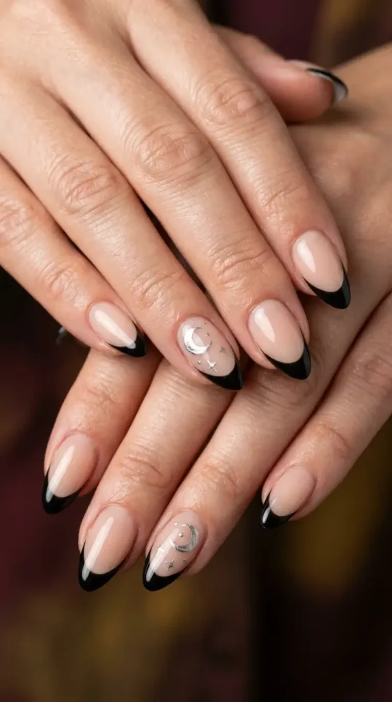 Black French Tips and Celestial Moon Details