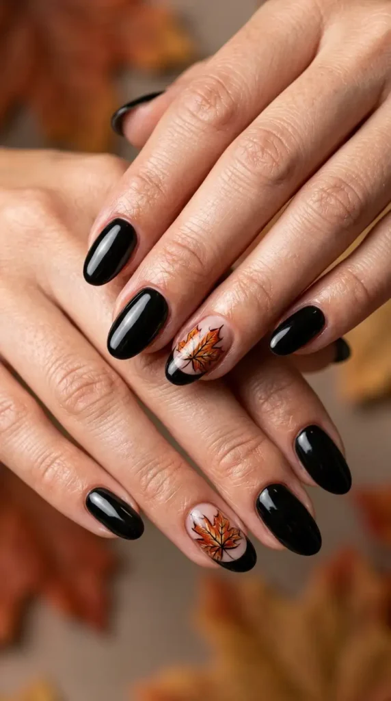 Black French Tips and Maple Leaf Nail Art