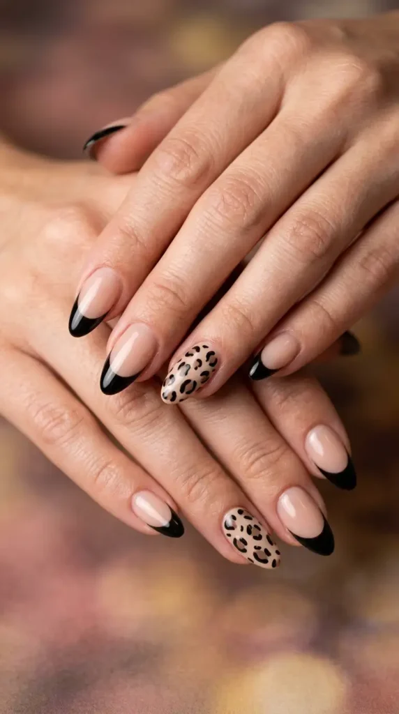 Black French Tips and Mocha Leopard Print Accent Nails