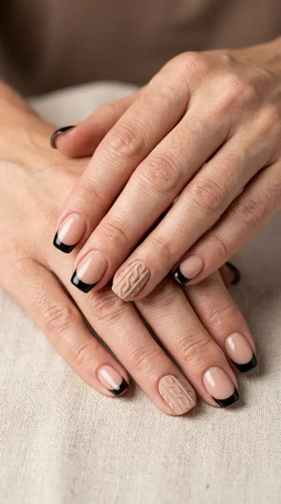 Black French Tips and Sweater Texture Accent Nails