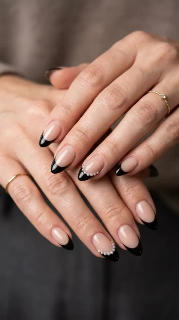 Black French Tips Featuring Tiny Pearl Details