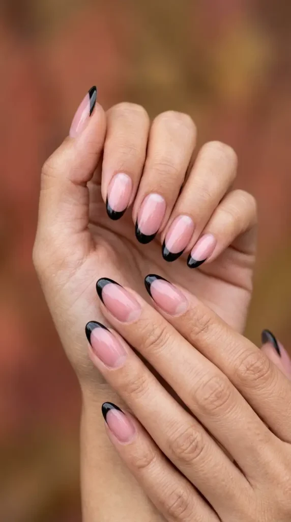 Black French Tips on Soft Pink Jelly Base