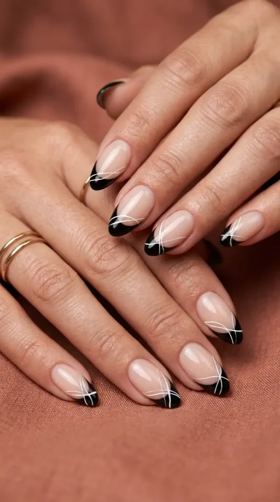 Black French Tips with Abstract White Lines