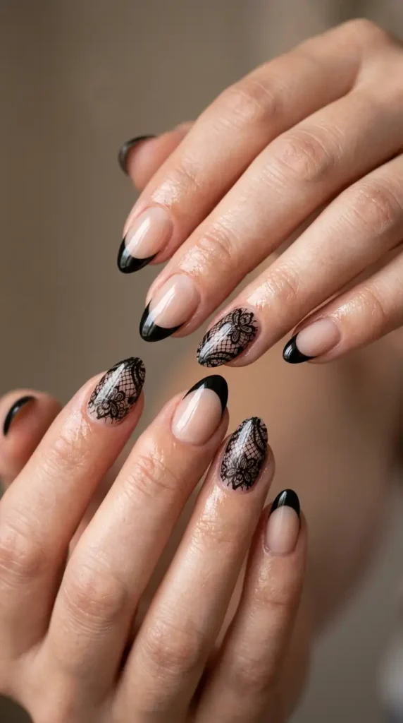 Black French Tips with Black Lace Nail Art
