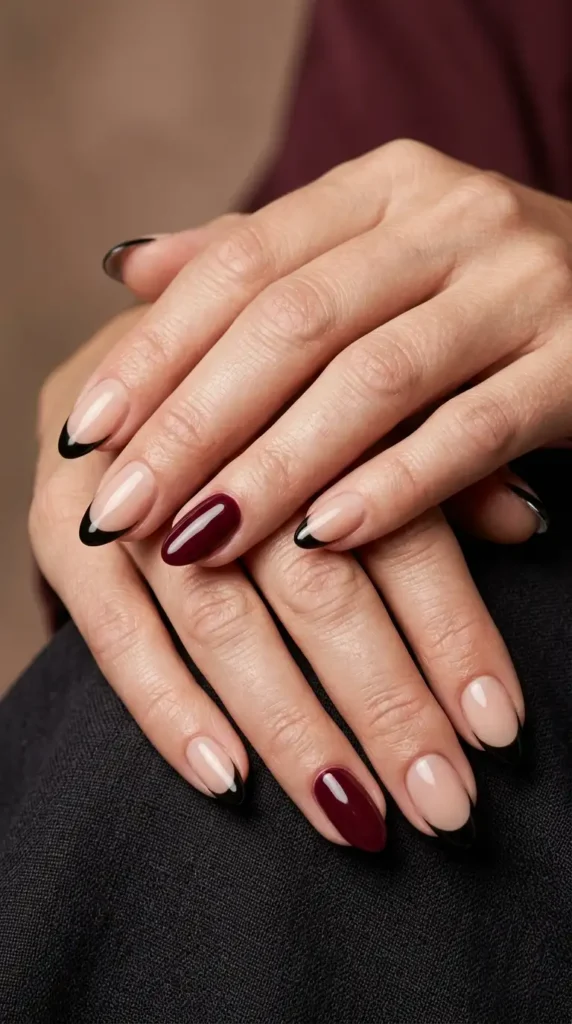 Black French Tips with Burgundy Accent Nails
