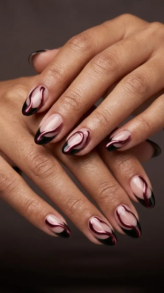 Black French Tips with Burgundy Chrome Swirls