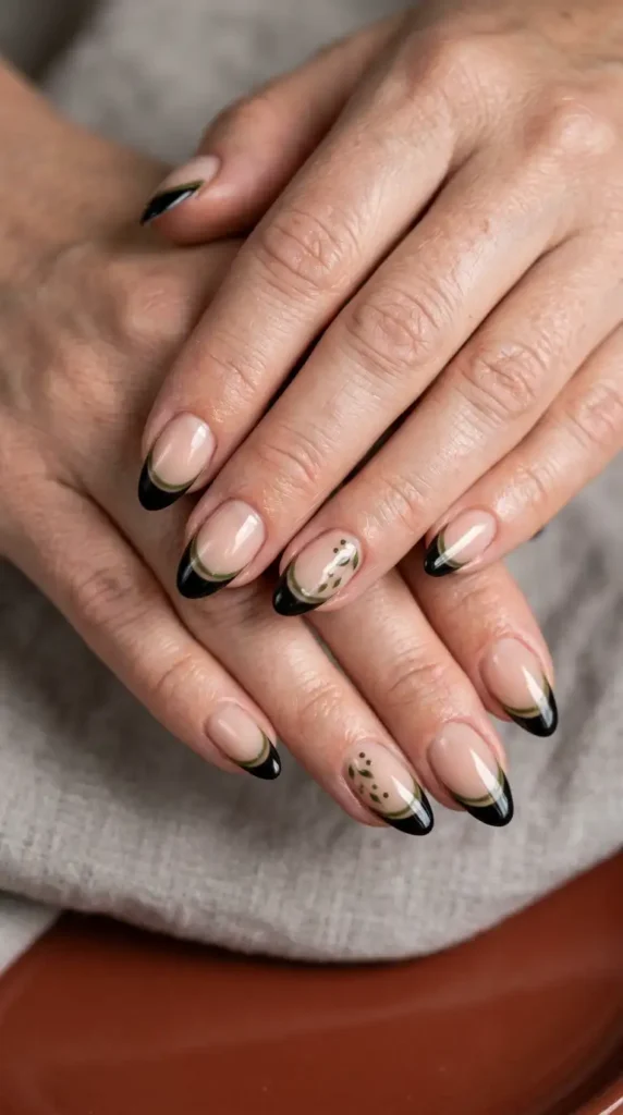 Black French Tips with Deep Olive Green Details