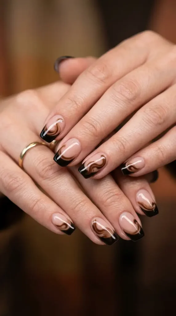 Black French Tips with Espresso Brown Swirls