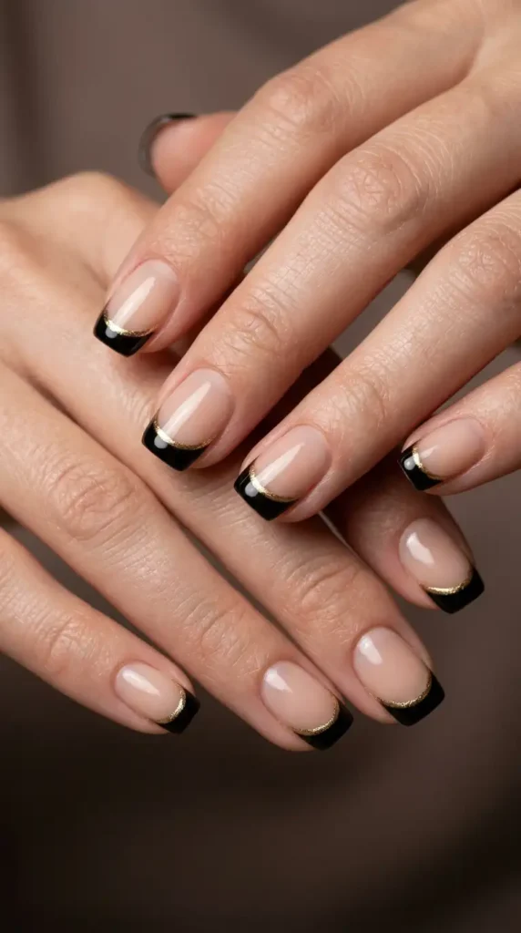 Black French Tips with Fine Gold Outline