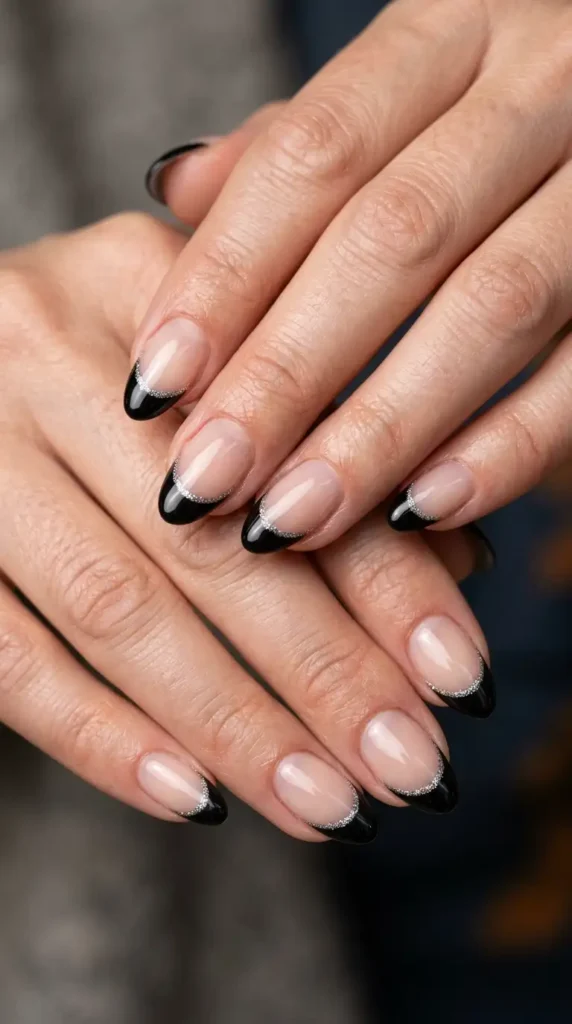 Black French Tips with Fine Silver Glitter Edge