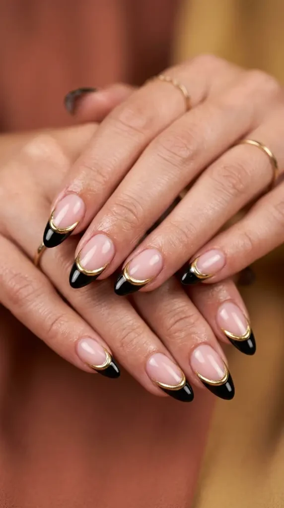 Black French Tips with Gold Chrome Outline