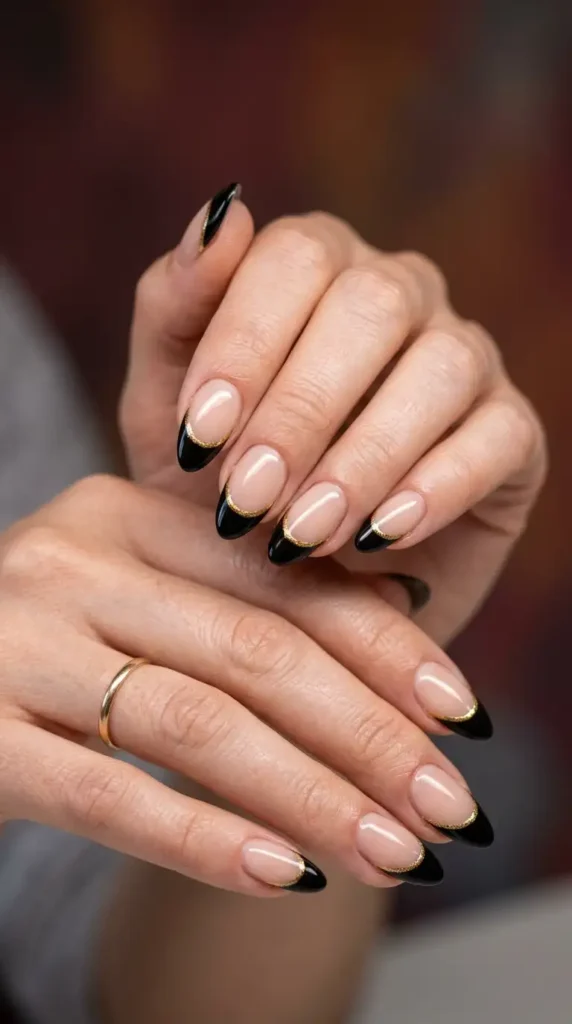 Black French Tips with Gold Detail