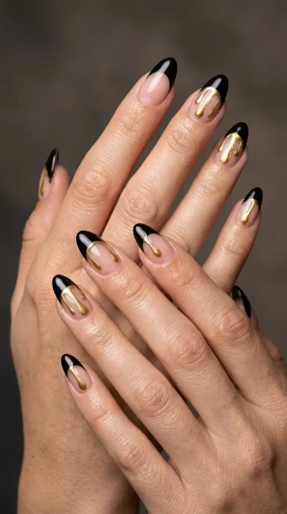 Black French Tips with Gold Metallic Drips