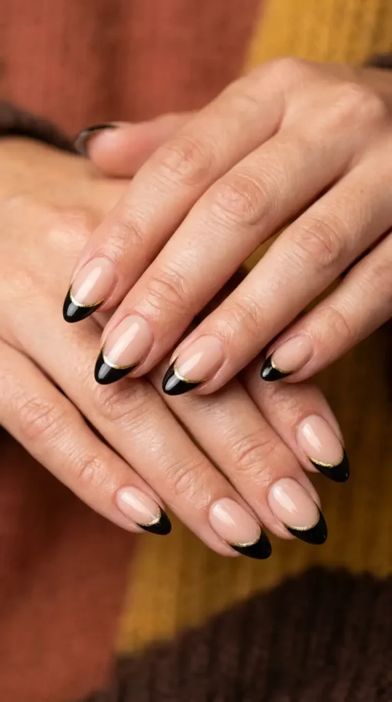 Black French Tips with Gold Outline