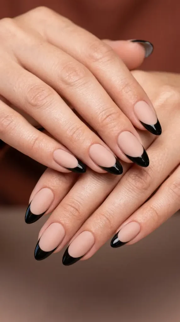Black French Tips with Matte Nude Base