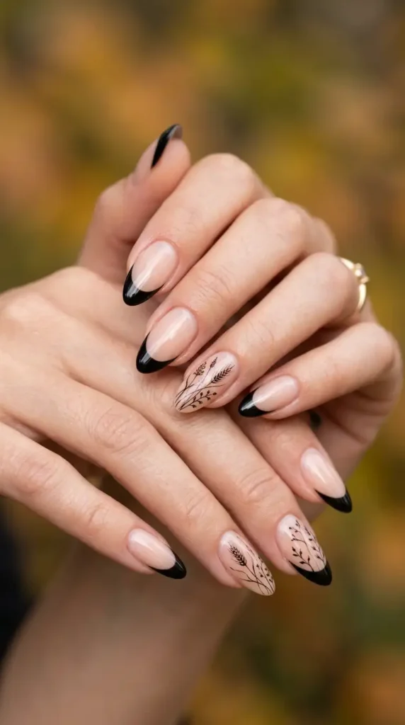 Black French Tips with Minimal Botanical Line Art