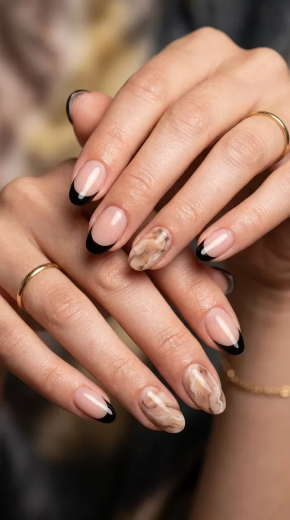Black French Tips with Mocha Marble Nails