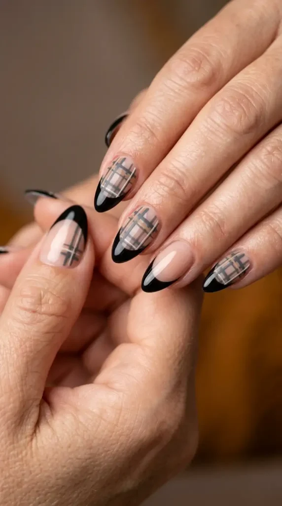 Black French Tips with Plaid Fall Pattern