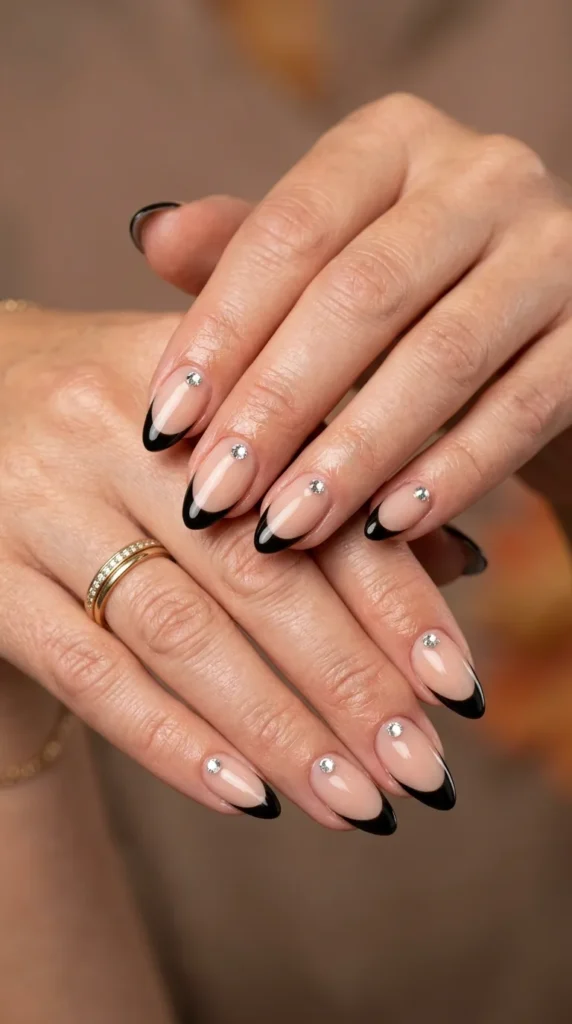 Black French Tips with Rhinestone Cuticle Accents