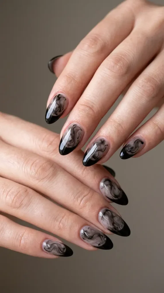 Black French Tips with Smoky Marble Design