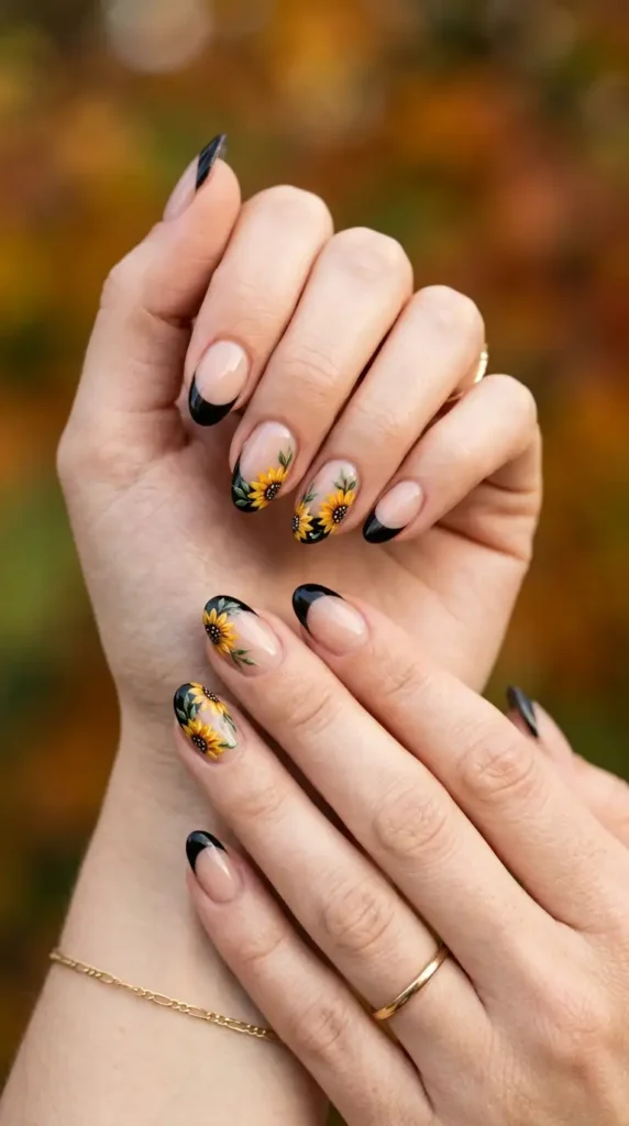 Black French Tips with Sunflowers