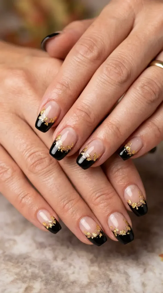 Black French Tips with Tiny Gold Leaf Details