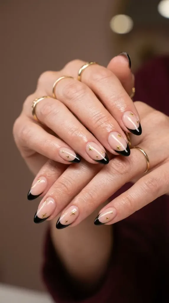 Black French Tips with Tiny Gold Stars