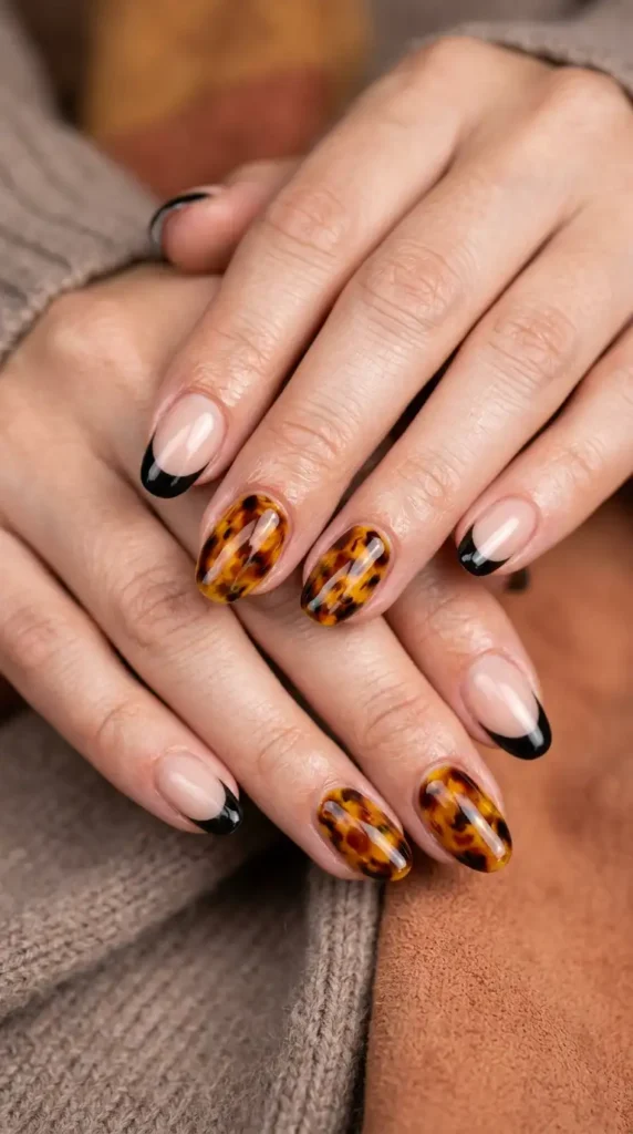 Black French Tips with Tortoiseshell Accent Nails