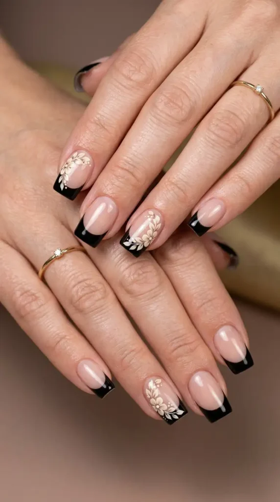 Black Tips with Neutral Floral Accents