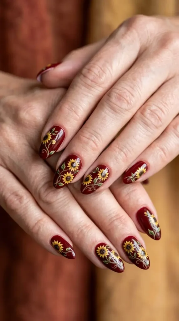 Blood Red Nails with Botanical Sunflowers