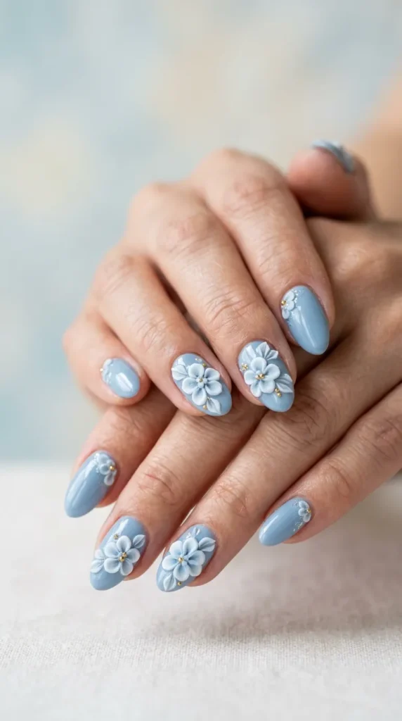 Blue 3D Flower Nails