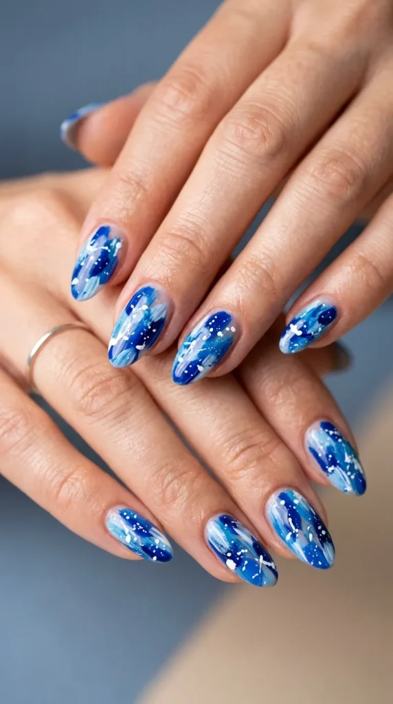 Blue Abstract Paint Nails