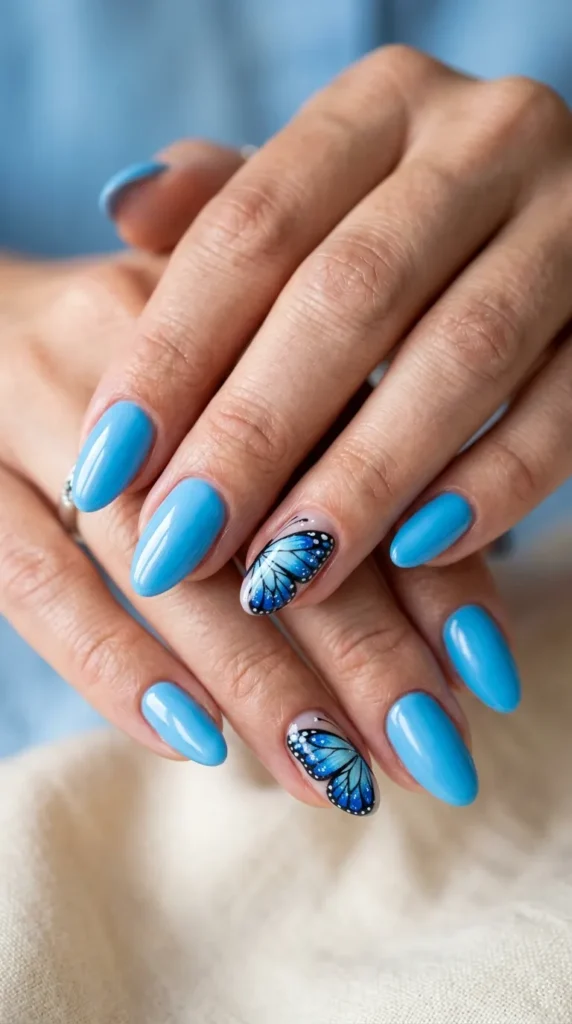 Blue Butterfly Accent Nails