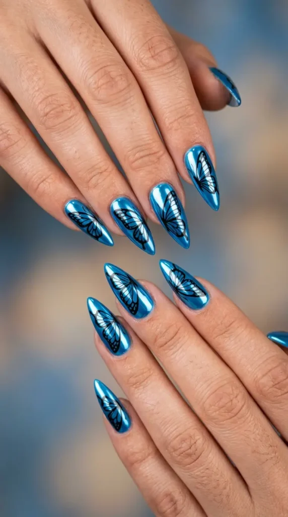 Blue Butterfly Chrome Stiletto Nails