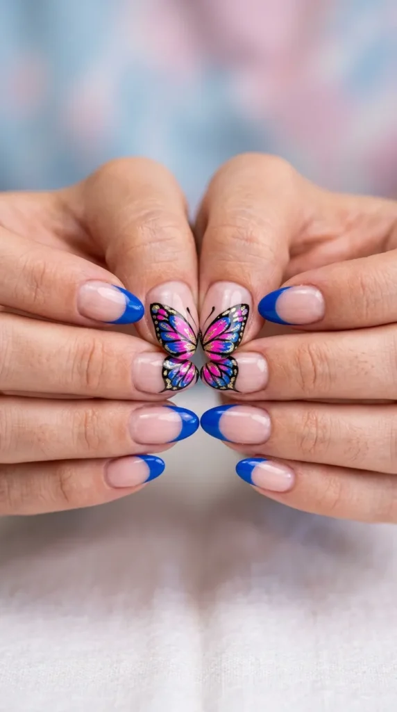 Blue Butterfly French Nails