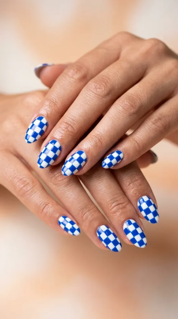Blue Checkerboard Pattern Nails