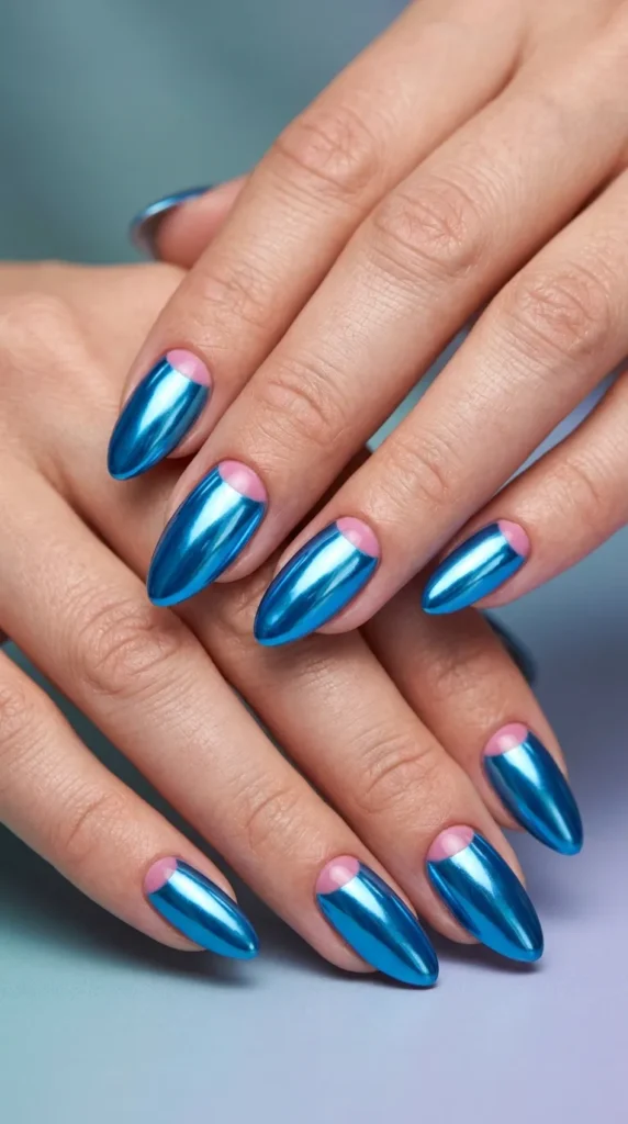 Blue Chrome Almond Nails
