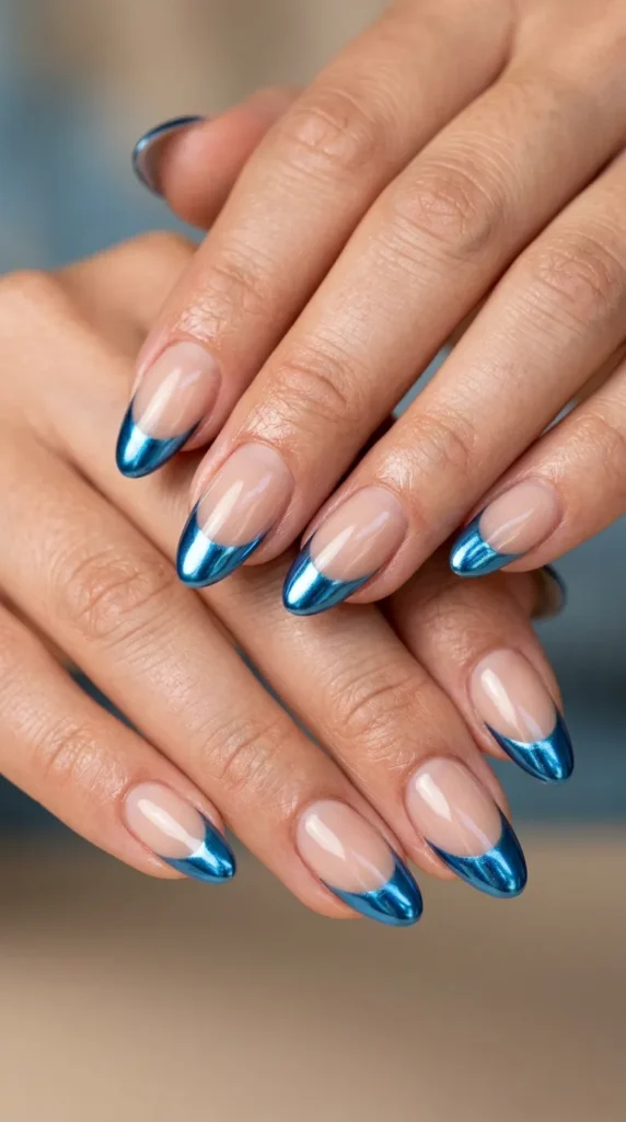 Blue chrome French manicure