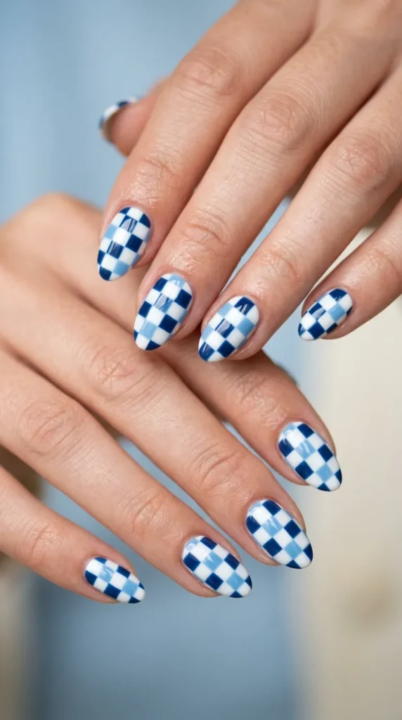 Blue coastal checkered nails