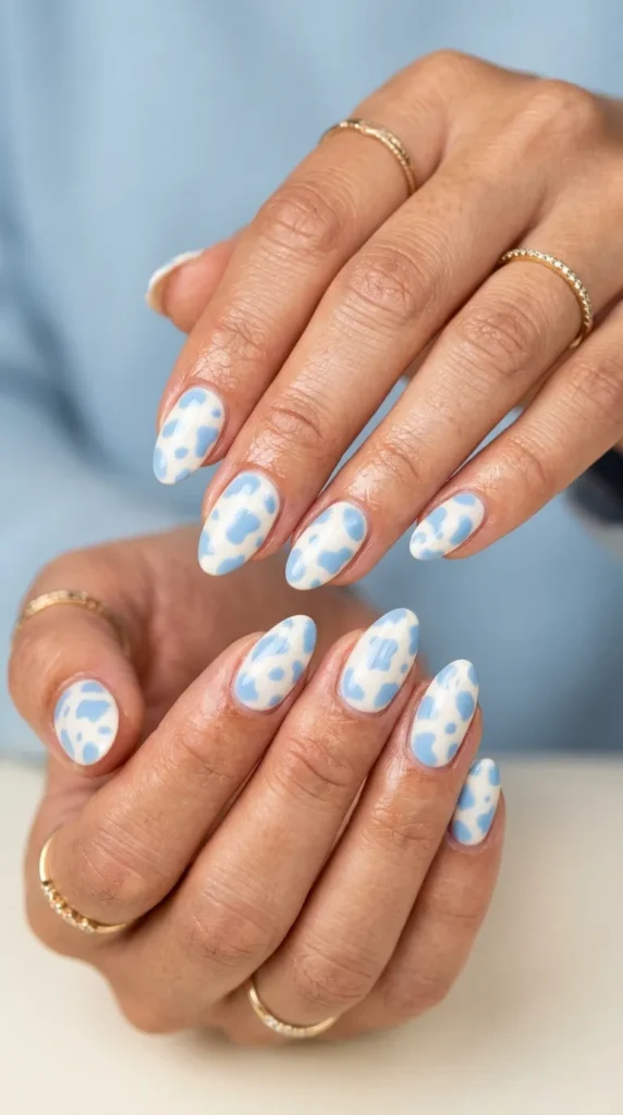 Blue Cow Print Nails