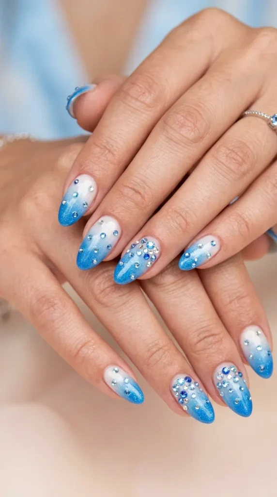 Blue crystal shimmer nails