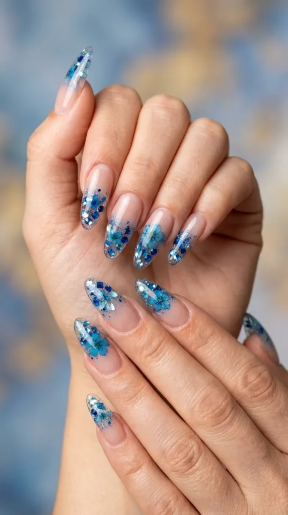 Blue Crystal Tip Nails