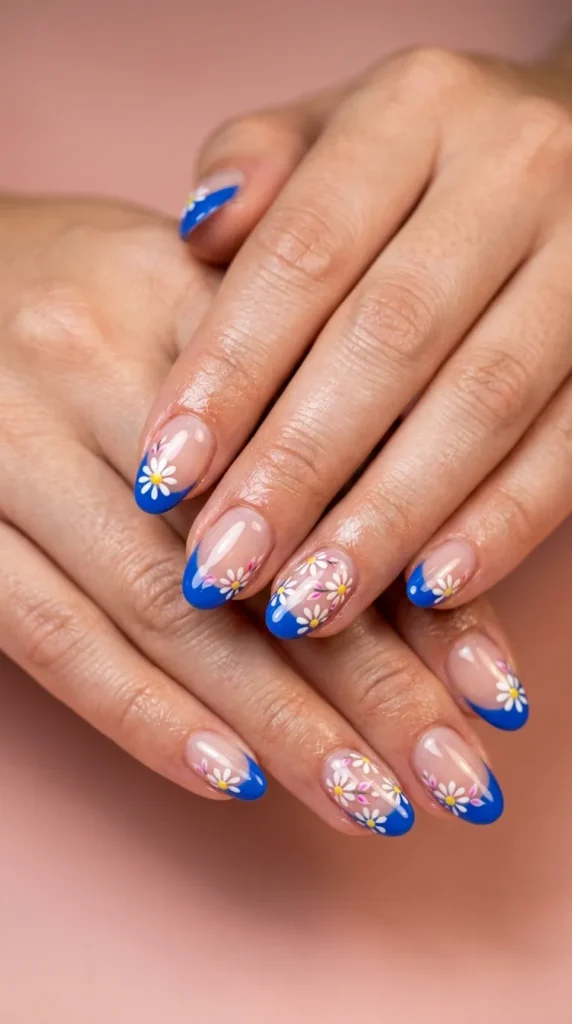 Blue Daisy French Nails